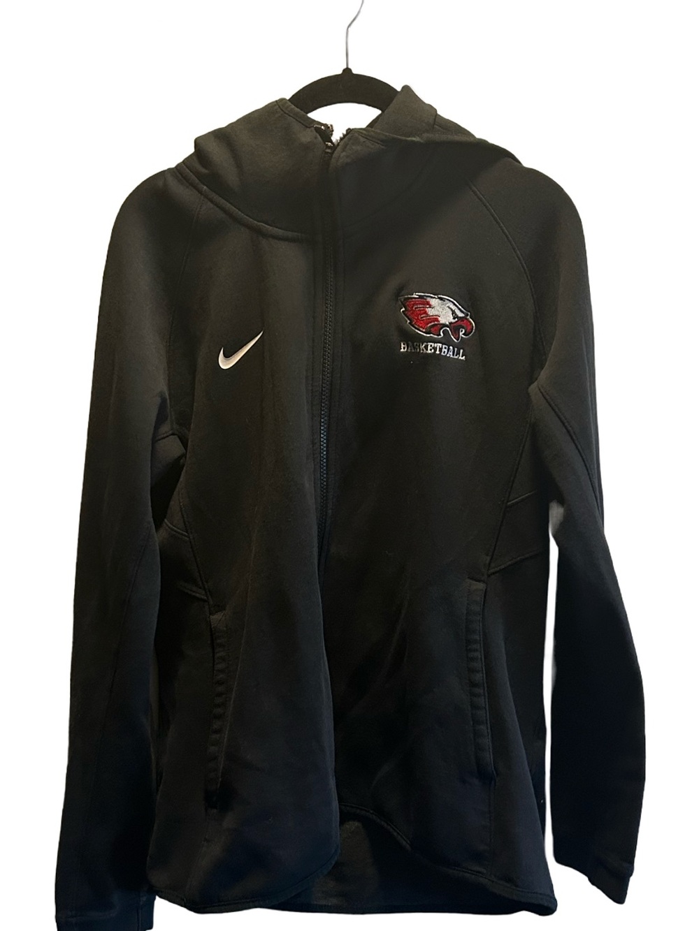 Nike Black Dri-FIT Full-Zip Hoodie with White Swoosh and Team Patch